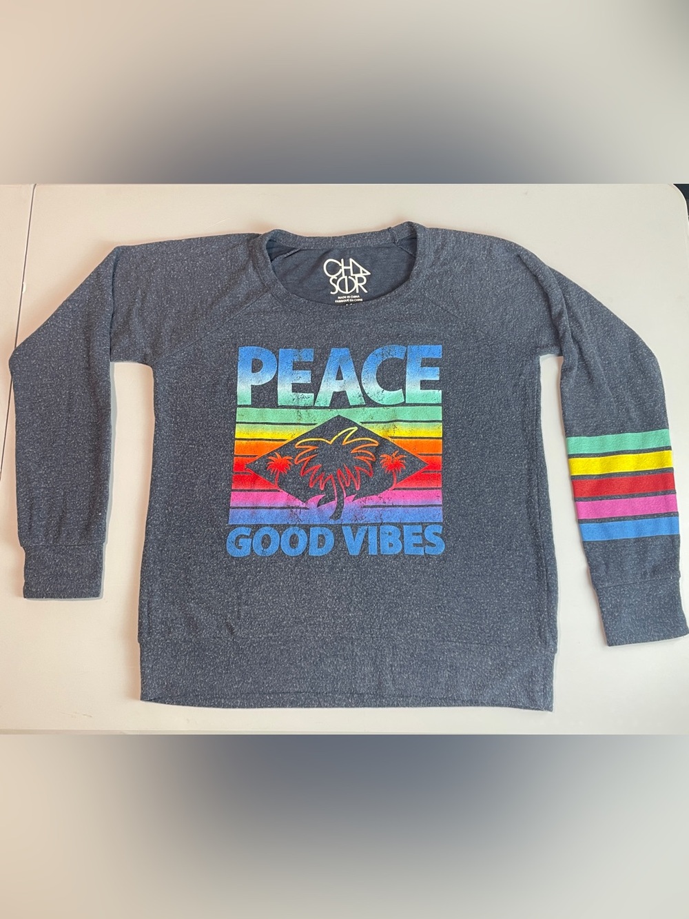 Chaser Navy Graphic Tee with Rainbow‎ Palm "Peace Good Vibes"